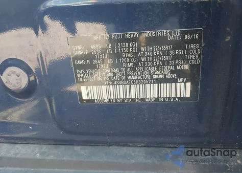 2017 Subaru Outback 2.5I Premium z USA, uszkodzony, nr VIN 4S4BSAFC6H3205211